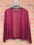 Primark burgundy cardigan with crochet detail and lace back, open front design.