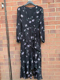 Banana Republic floral wrap midi dress in black and lilac with long sleeves, linen material.