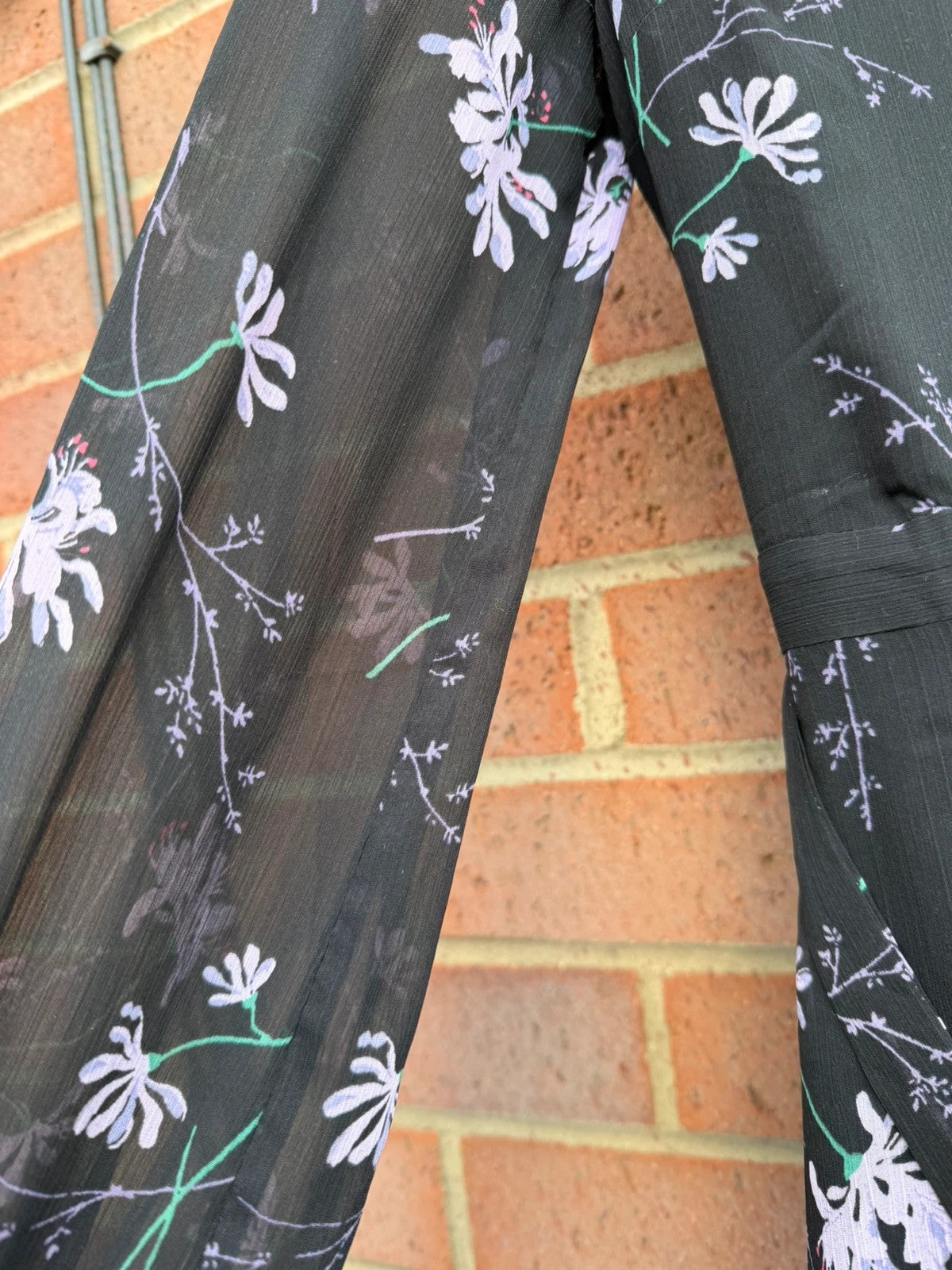 Banana Republic floral wrap midi dress in black and lilac with long sleeves, linen material.