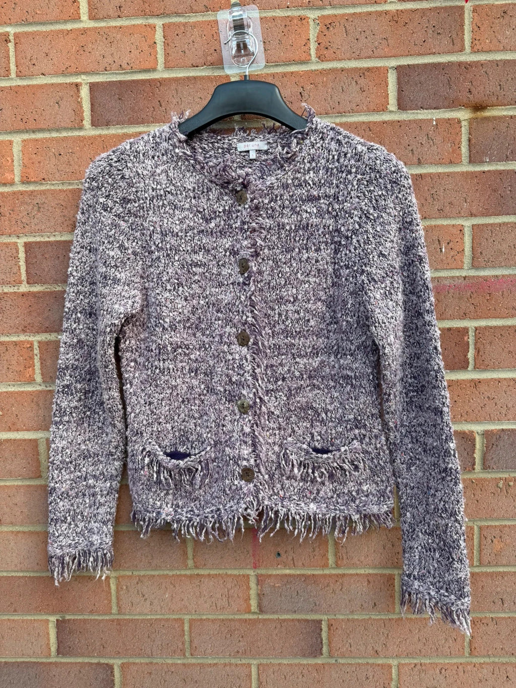 Per Una multi chunky knit cardigan with fringed hem and button-up front.