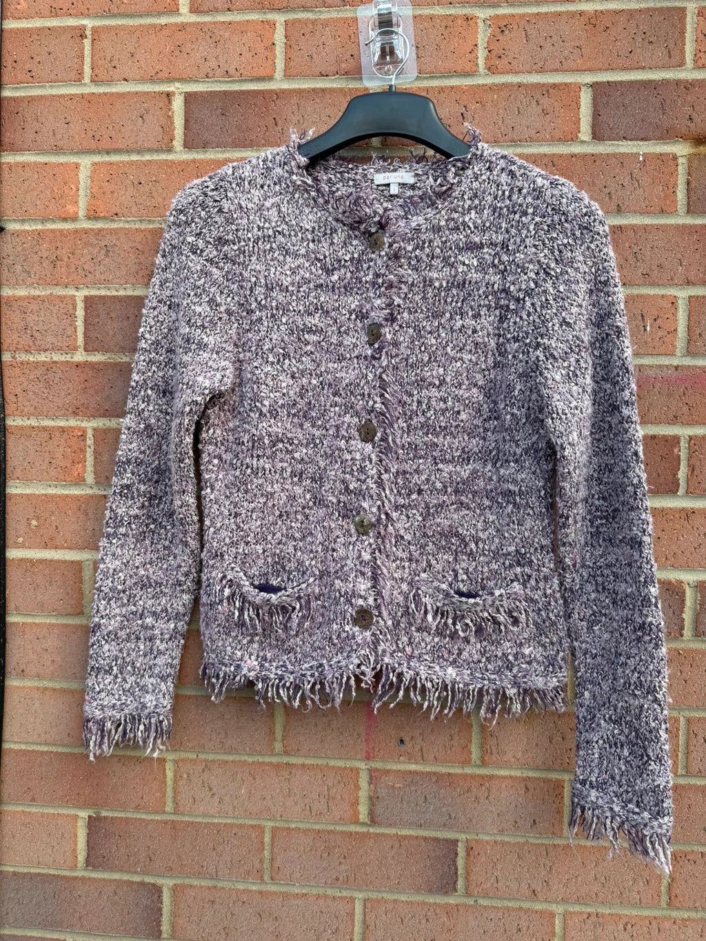 Per Una multi chunky knit cardigan with fringed hem and button-up front.