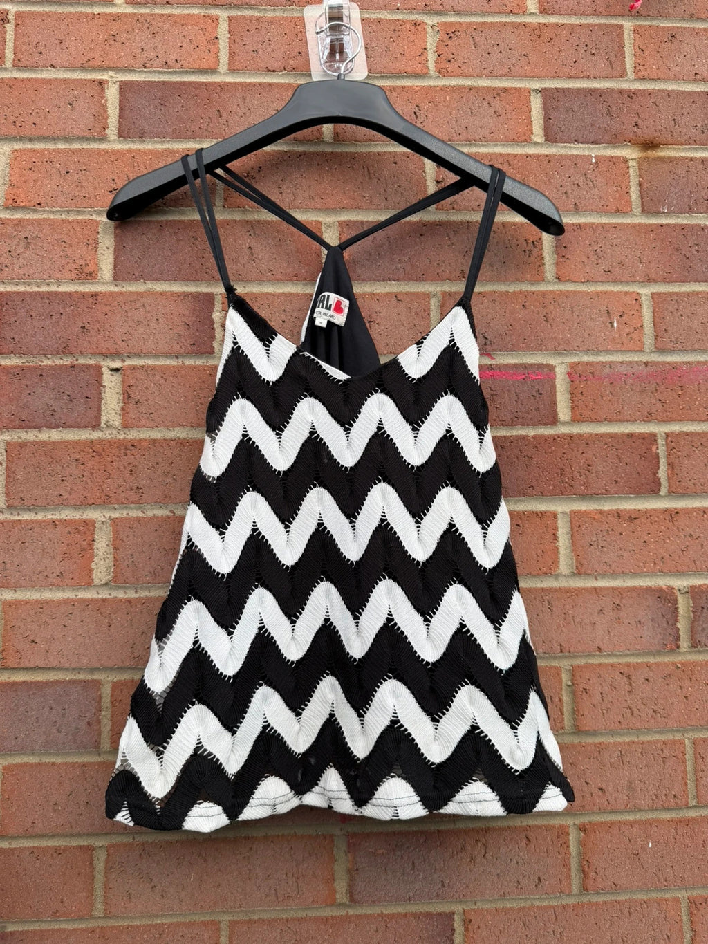 River Island black and white chevron knit halter cami top with crochet details.