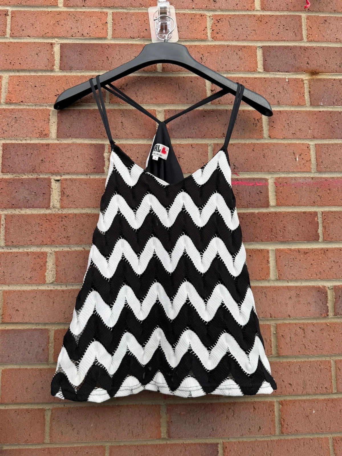 River Island black and white chevron knit halter cami top with crochet details.