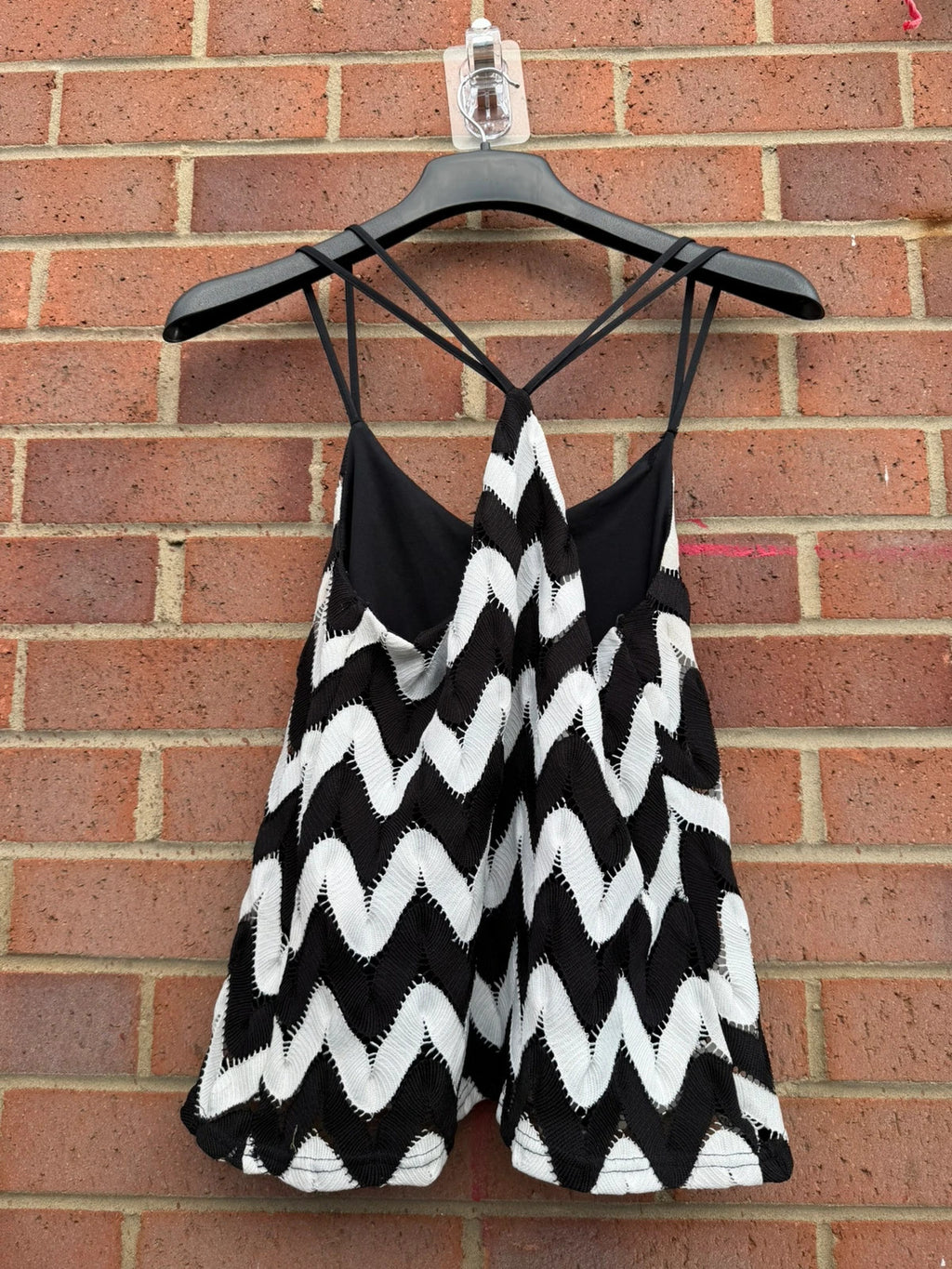 River Island black and white chevron knit halter cami top with crochet details.