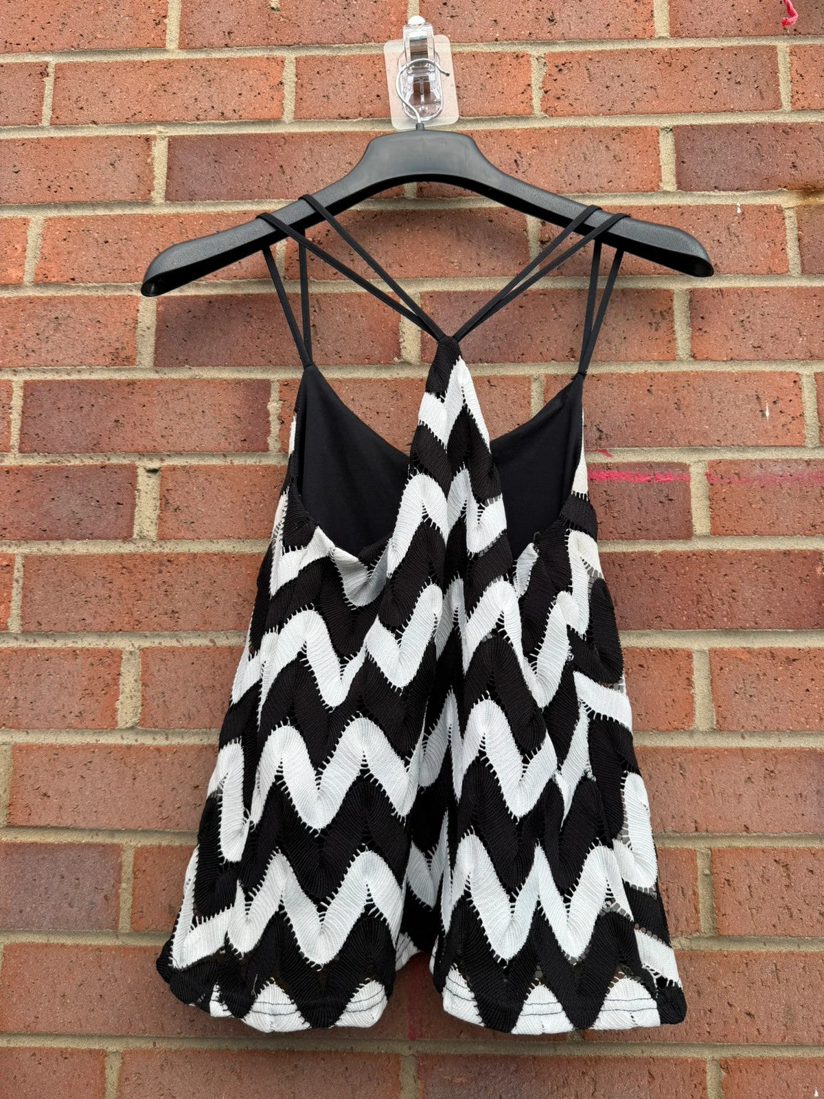 River Island black and white chevron knit halter cami top with crochet details.