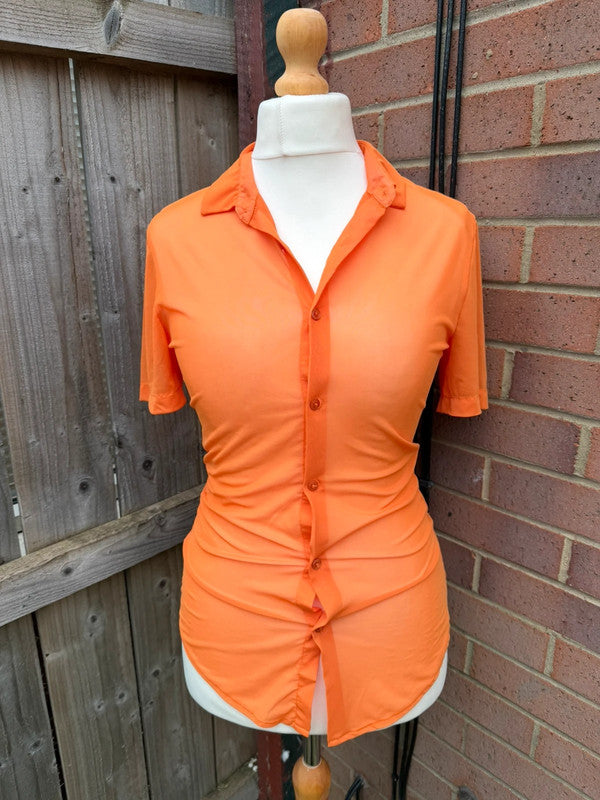 ASOS orange fitted tunic blouse with button-up front and bodycon style.