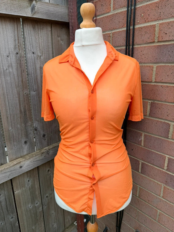 ASOS orange fitted tunic blouse with button-up front and bodycon style.