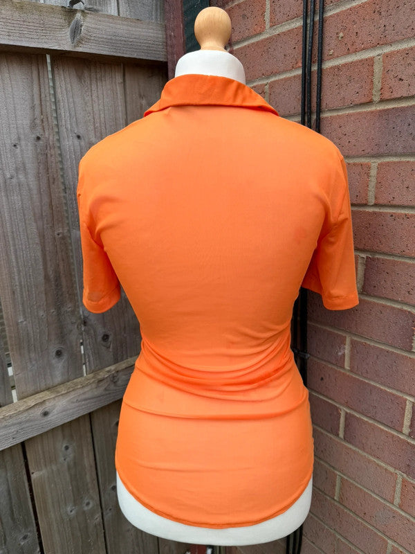 ASOS orange fitted tunic blouse with button-up front and bodycon style.