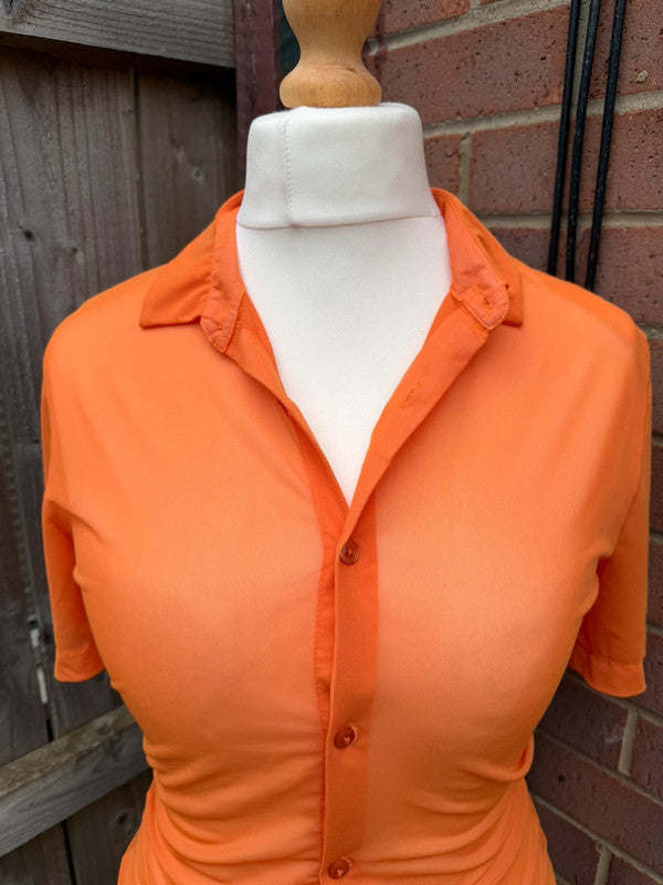 ASOS orange fitted tunic blouse with button-up front and bodycon style.