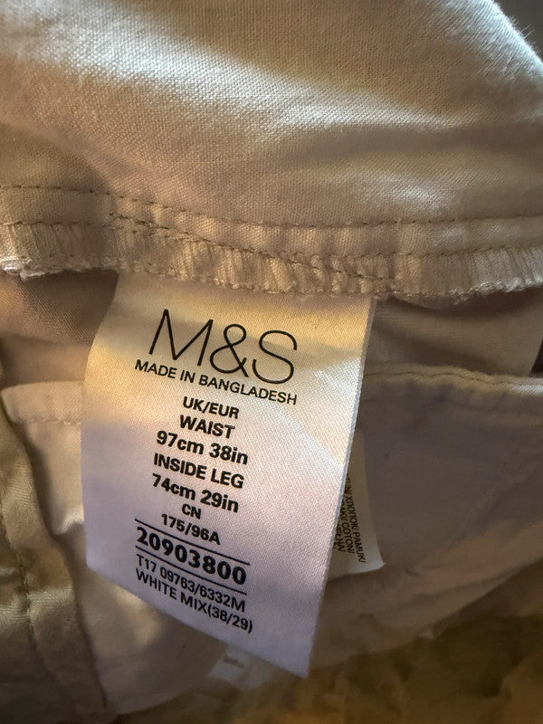 Marks & Spencer beige chino trousers, straight leg, cotton material, pre-loved condition.