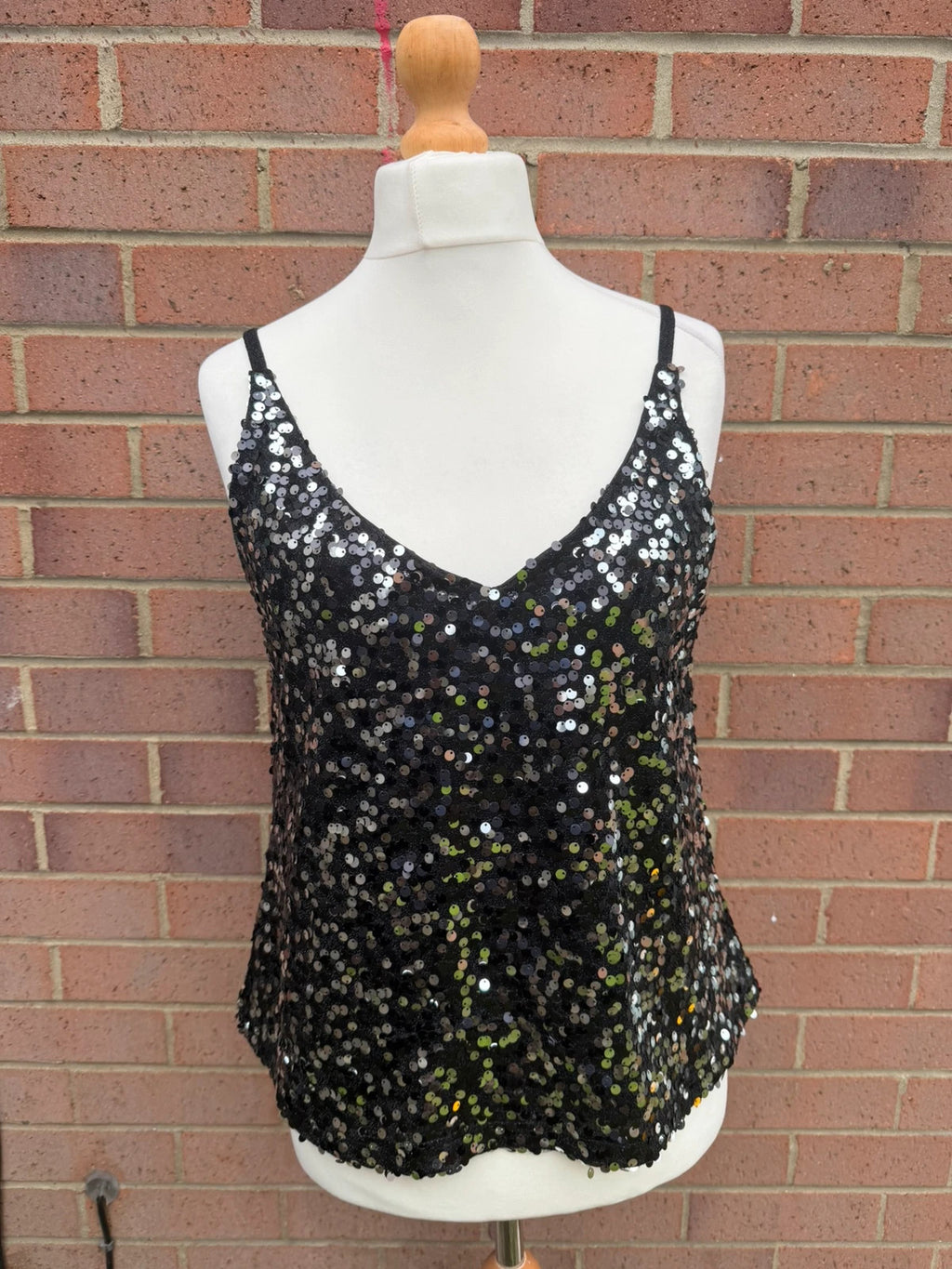 Next black sequin cami top with sparkly silver detailing, perfect for parties.