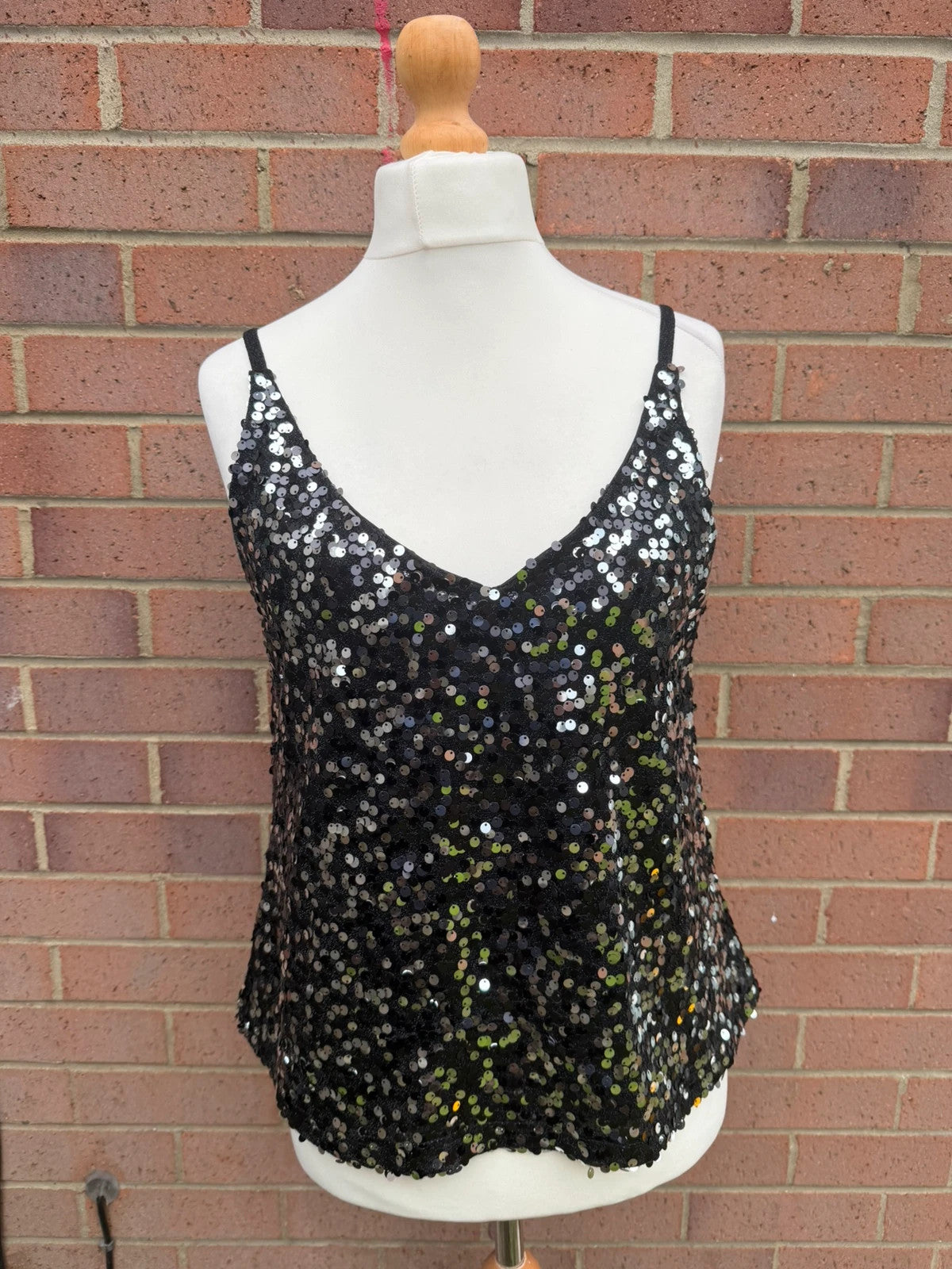 Next black sequin cami top with sparkly silver detailing, perfect for parties.