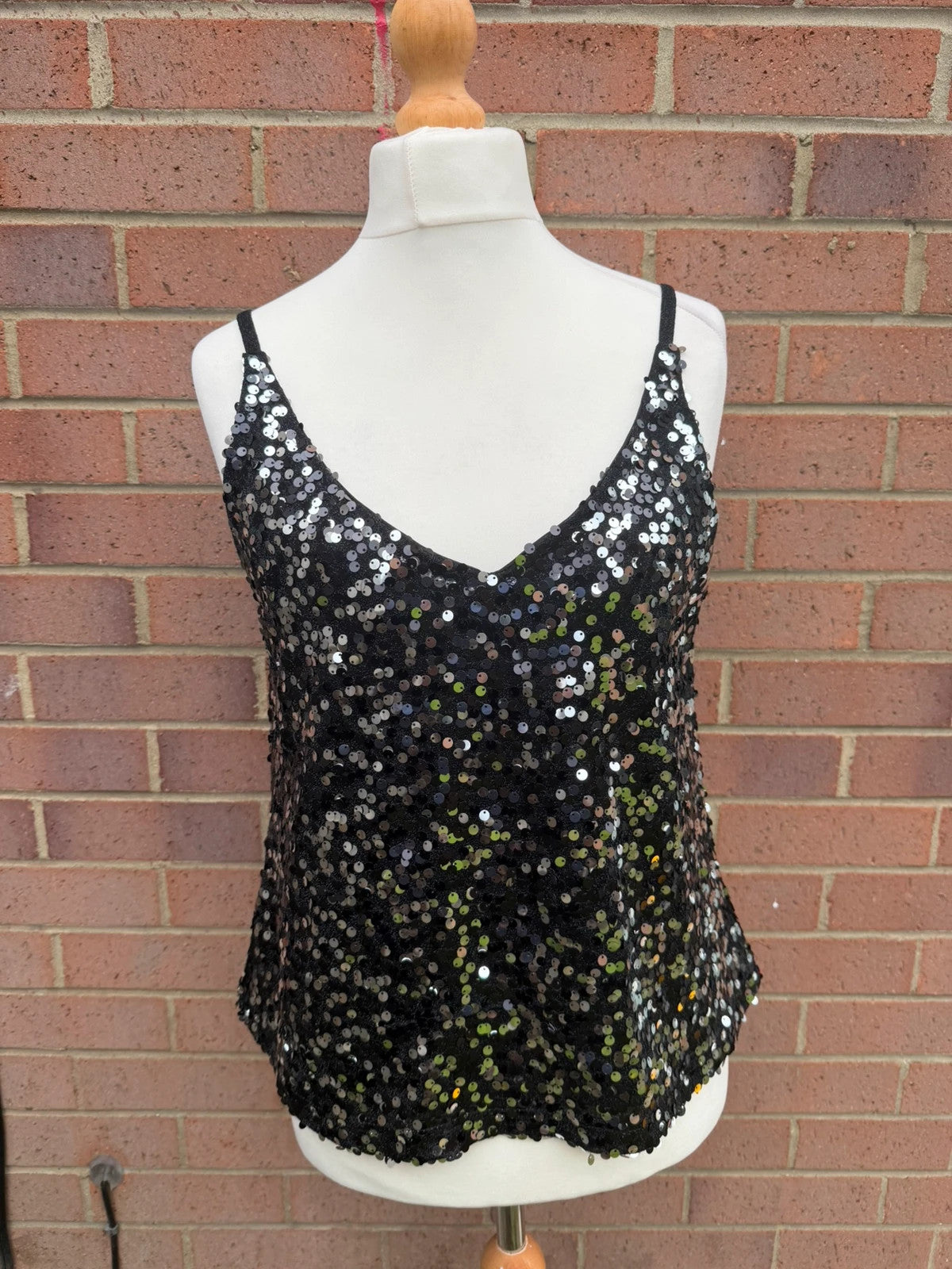 Next black sequin cami top with sparkly silver detailing, perfect for parties.