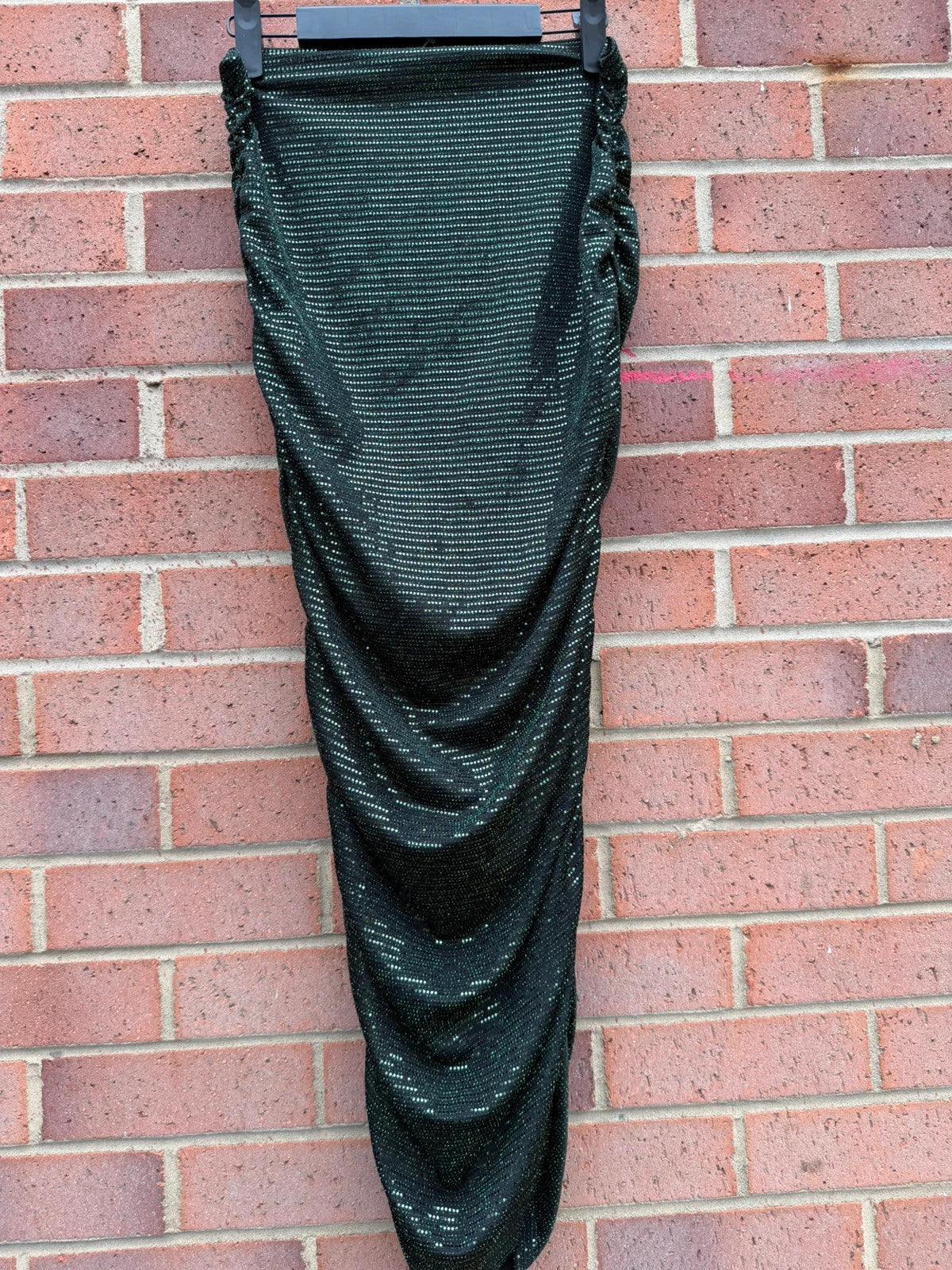 Boohoo green glitter midi skirt with ruched design and new with tags.