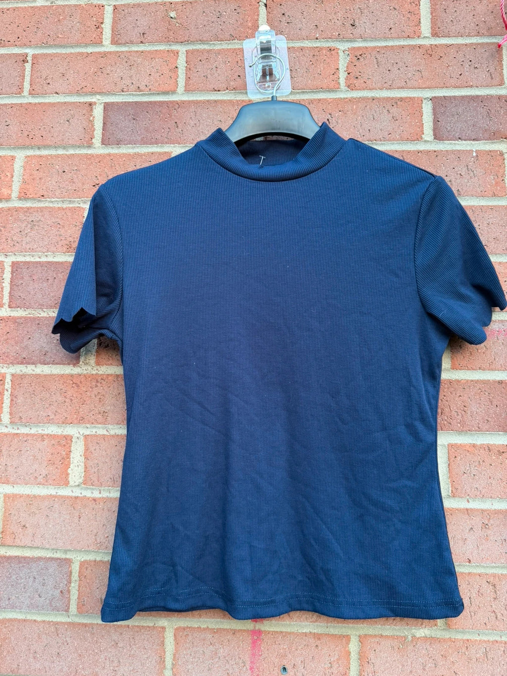SHEIN navy ribbed high neck top with stretch fabric and minimalist design.
