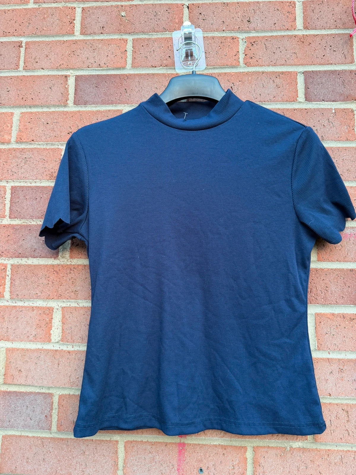 SHEIN navy ribbed high neck top with stretch fabric and minimalist design.