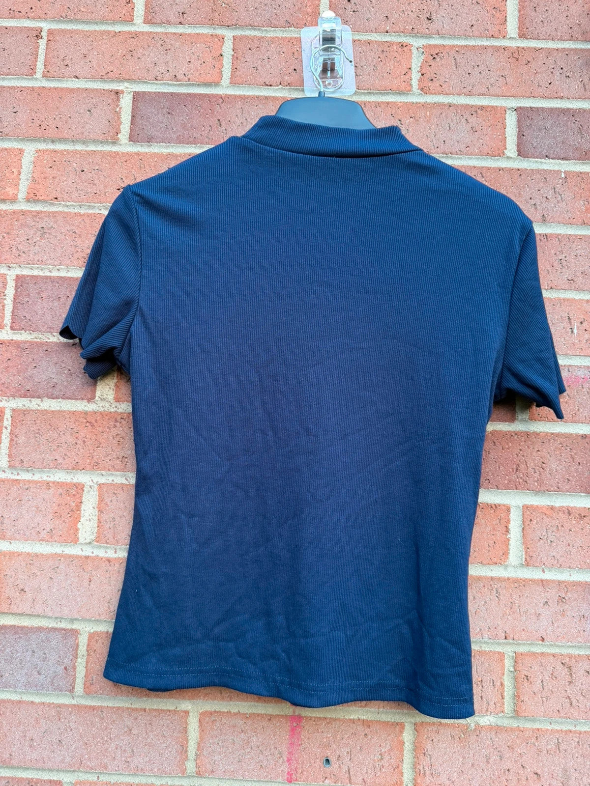 SHEIN navy ribbed high neck top with stretch fabric and minimalist design.