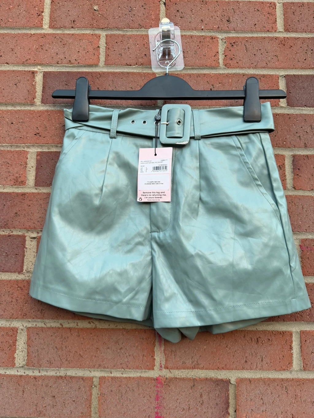 Missguided green PU leather shorts with belt, Y2K style, new with tags.