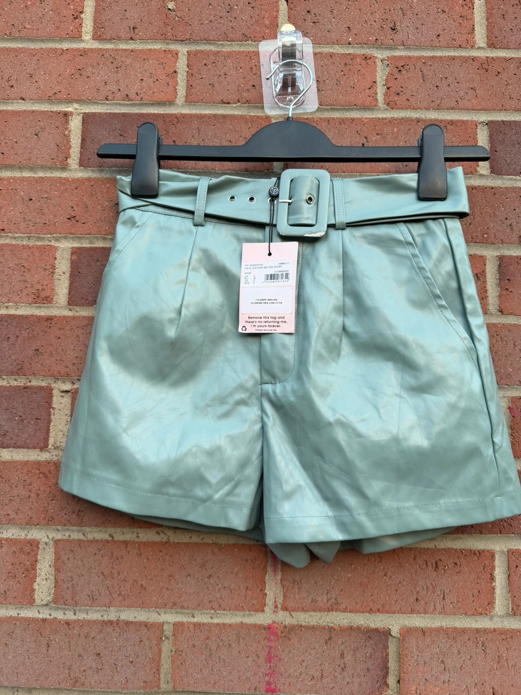 Missguided green PU leather shorts with belt, Y2K style, new with tags.