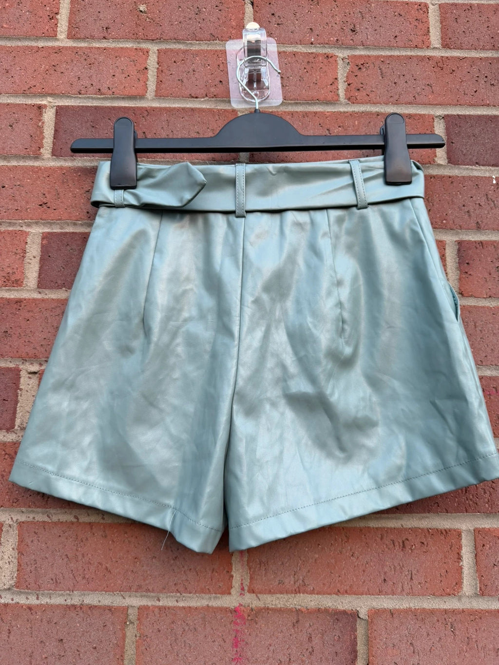 Missguided green PU leather shorts with belt, Y2K style, new with tags.