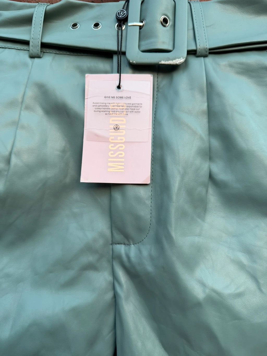 Missguided green PU leather shorts with belt, Y2K style, new with tags.