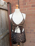 Y2K brown halterneck top with animal print pattern, pre-loved festival clubwear.