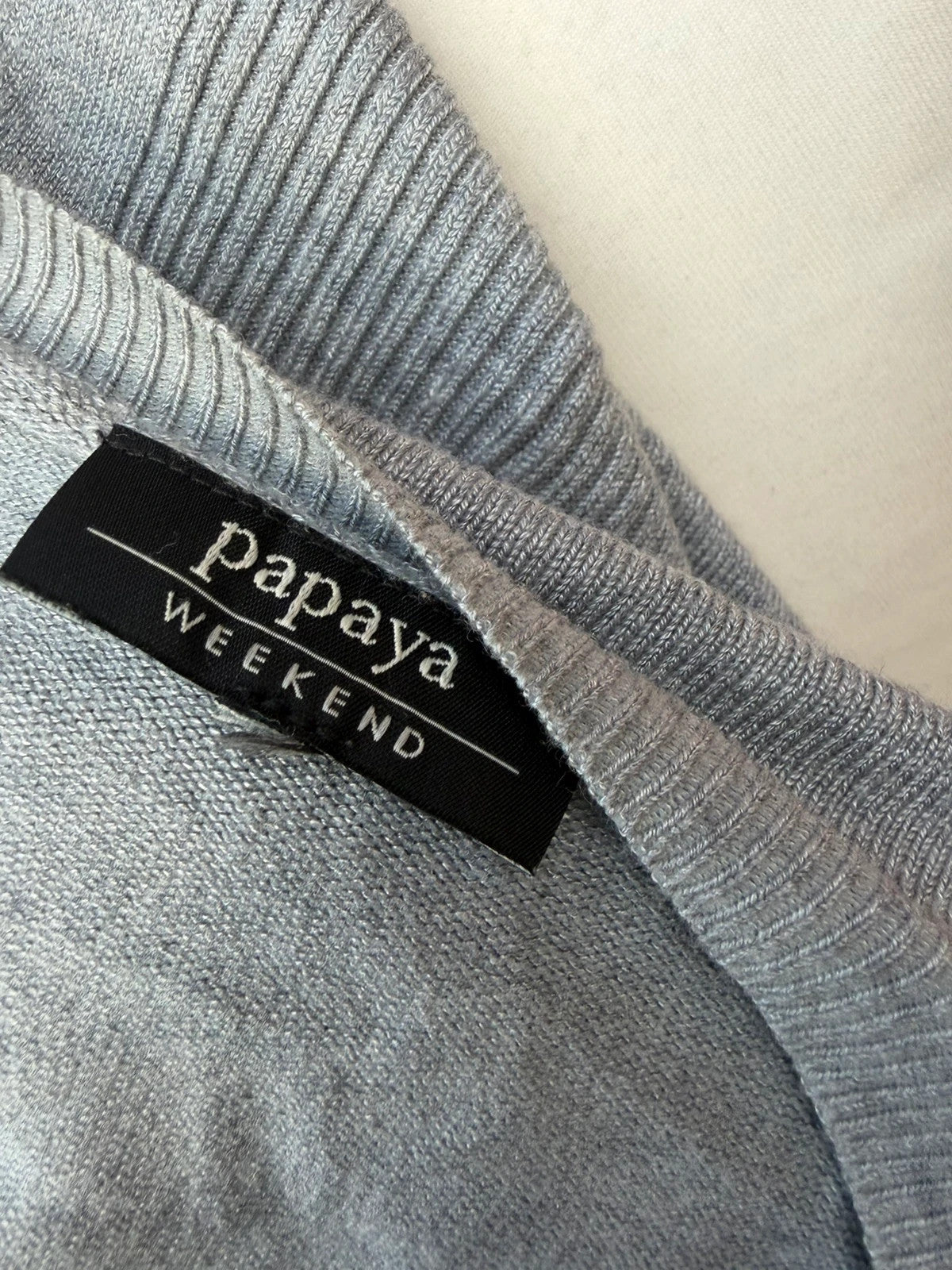 Papaya grey fine knit cardigan with button front and soft texture.
