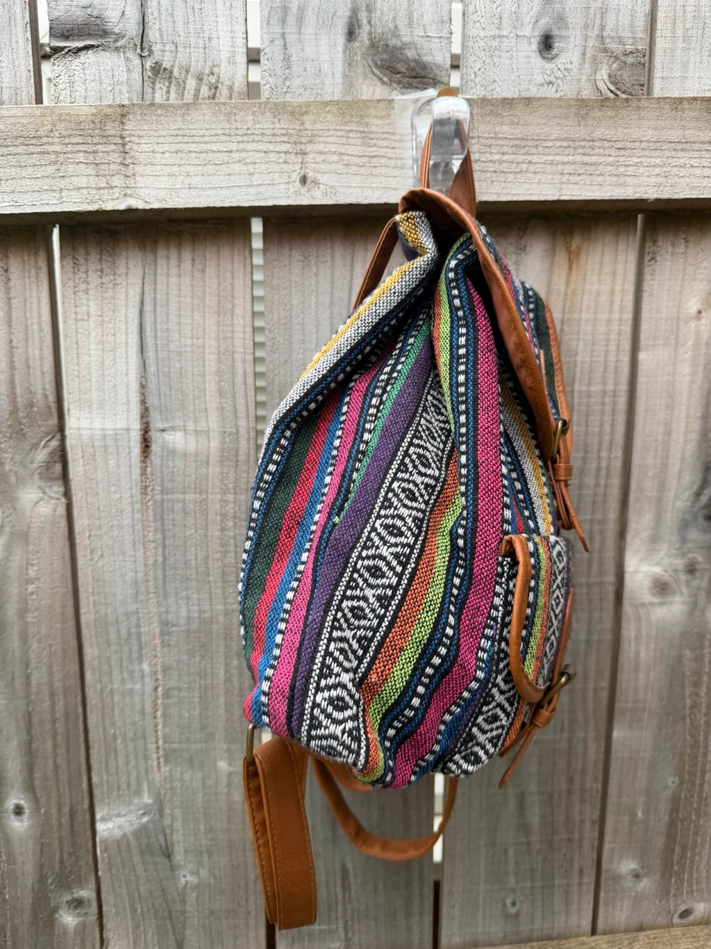 Vintage multi mini backpack with Aztec stripe pattern and festival-inspired design.