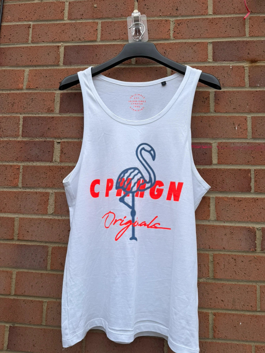 Jack & Jones white vest tank top with flamingo graphic print, size S.