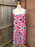 George linen maxi dress multi Union Jack print with cami straps and flowy silhouette.