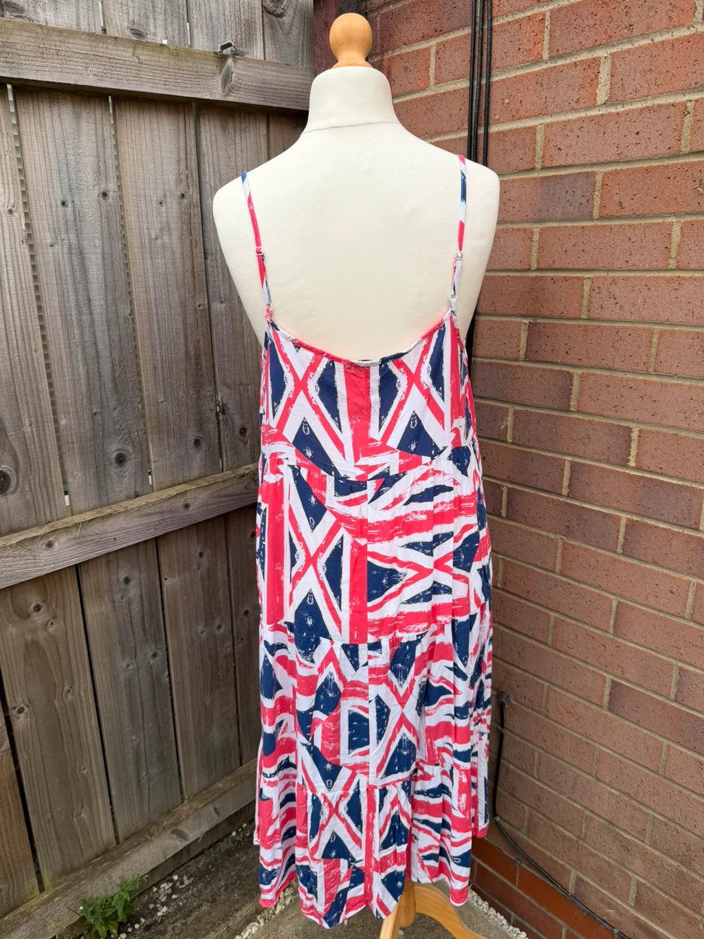 George linen maxi dress multi Union Jack print with cami straps and flowy silhouette.
