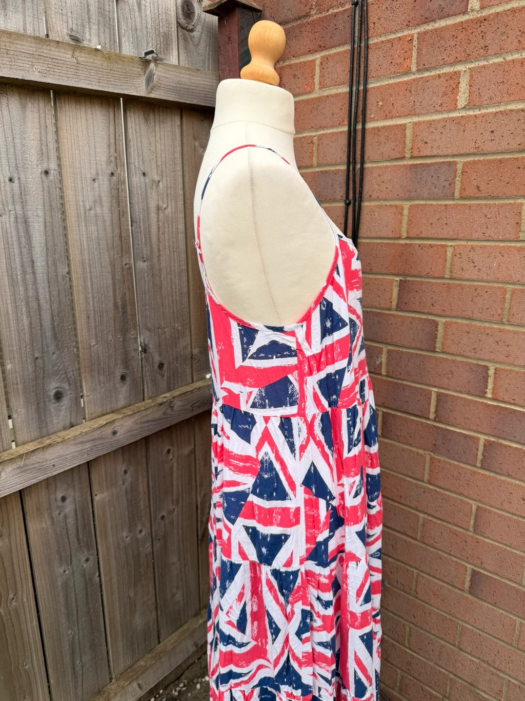 George linen maxi dress multi Union Jack print with cami straps and flowy silhouette.