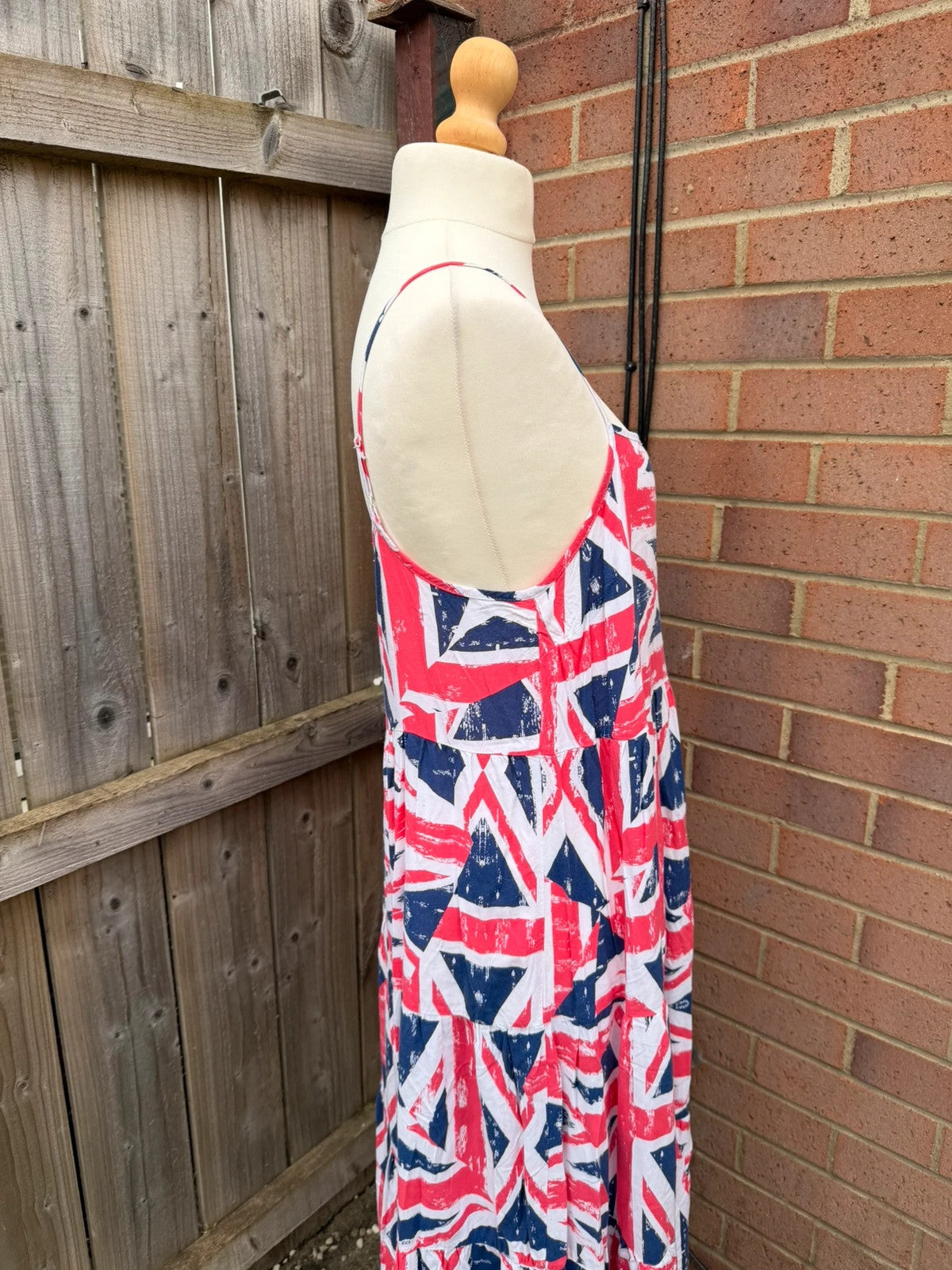 George linen maxi dress multi Union Jack print with cami straps and flowy silhouette.
