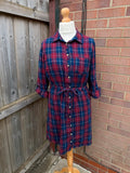 Falmer Heritage red plaid shirt dress with tie waist and vintage grunge style.