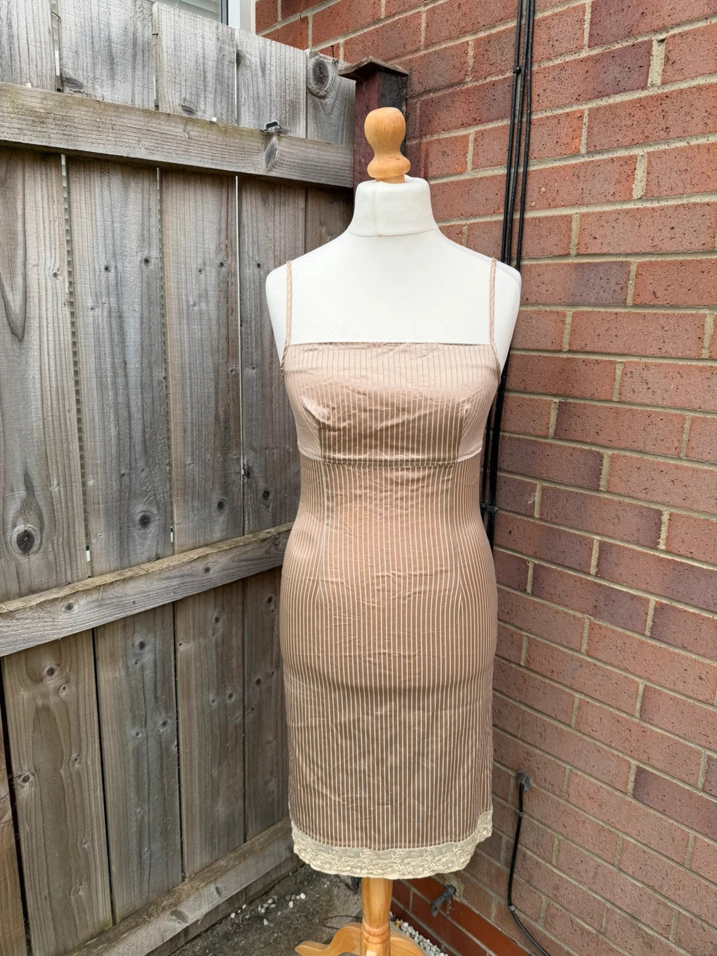 Oasis beige satin slip midi dress with lace trim and minimalist design.