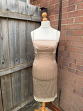Oasis beige satin slip midi dress with lace trim and minimalist design.