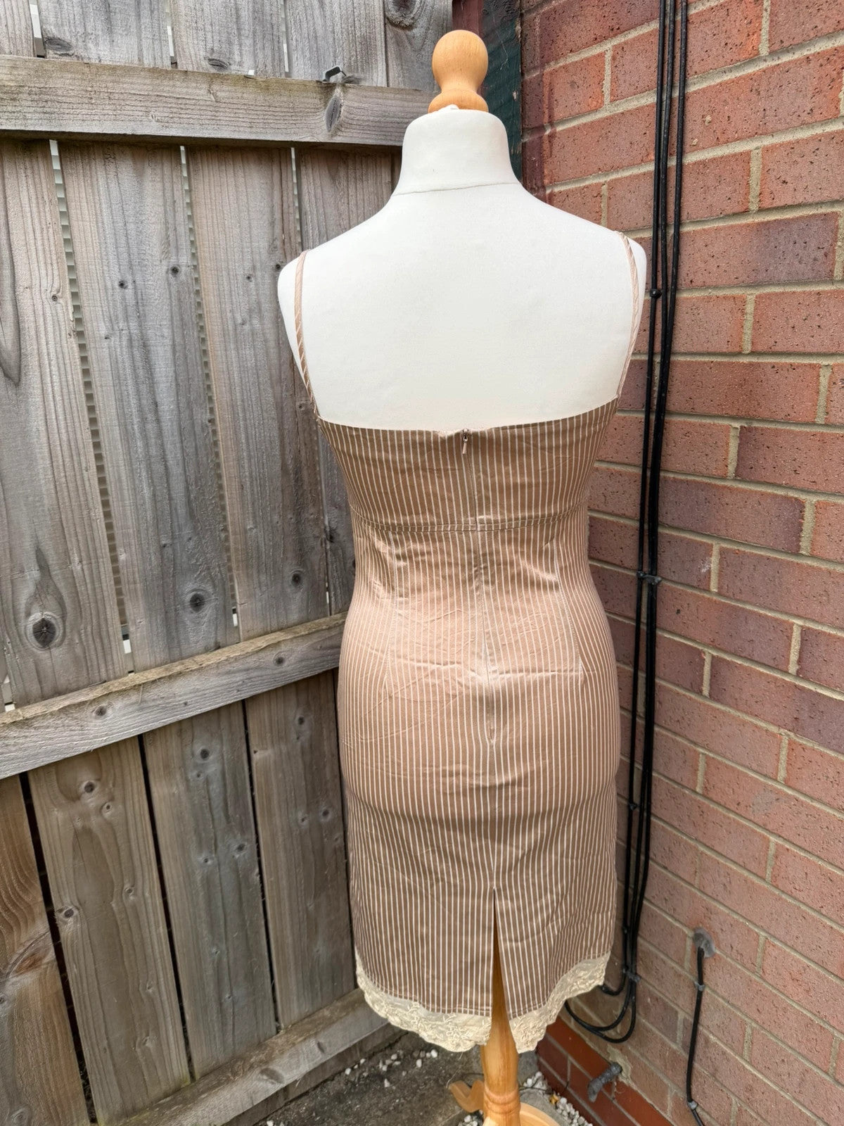 Oasis beige satin slip midi dress with lace trim and minimalist design.