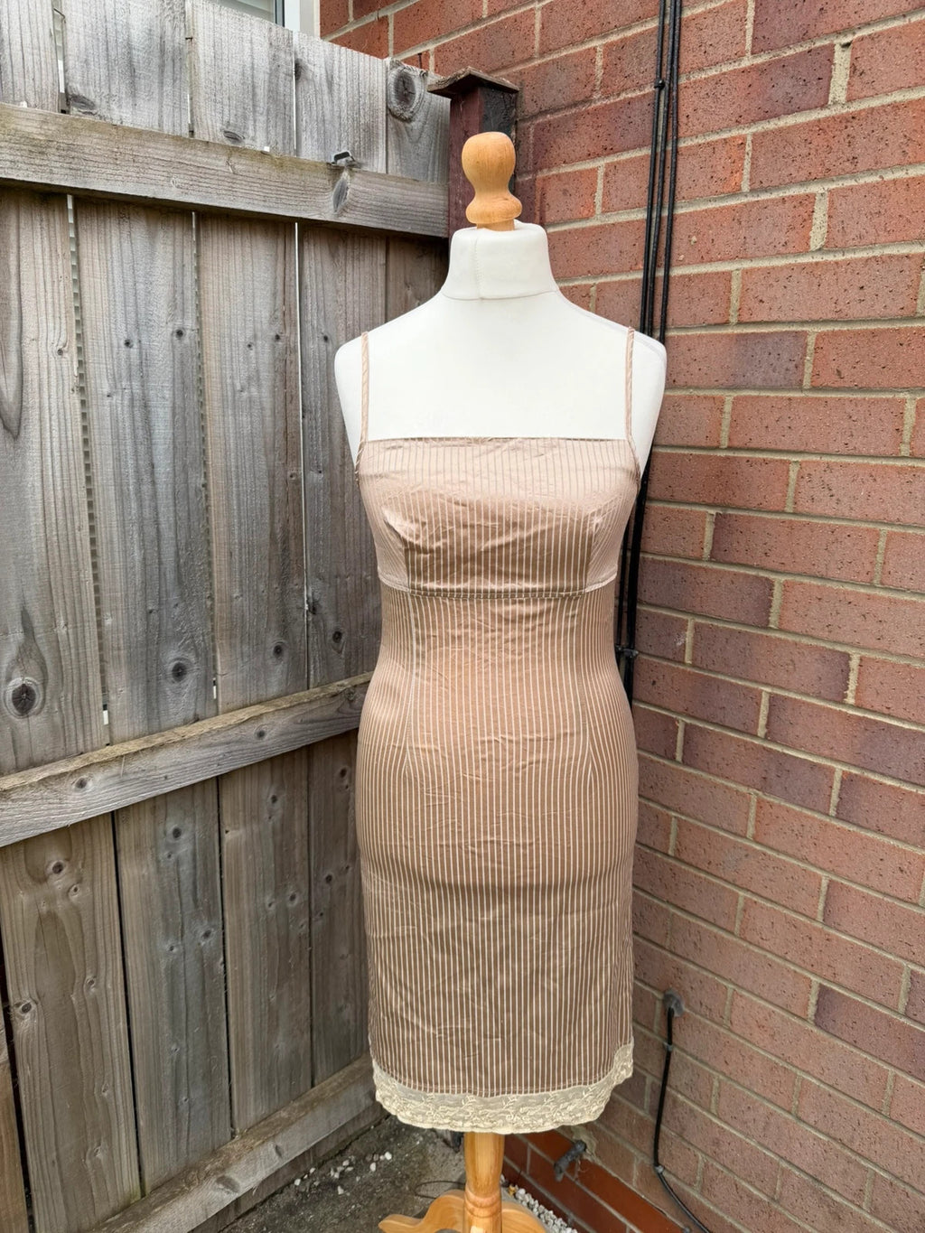 Oasis beige satin slip midi dress with lace trim and minimalist design.
