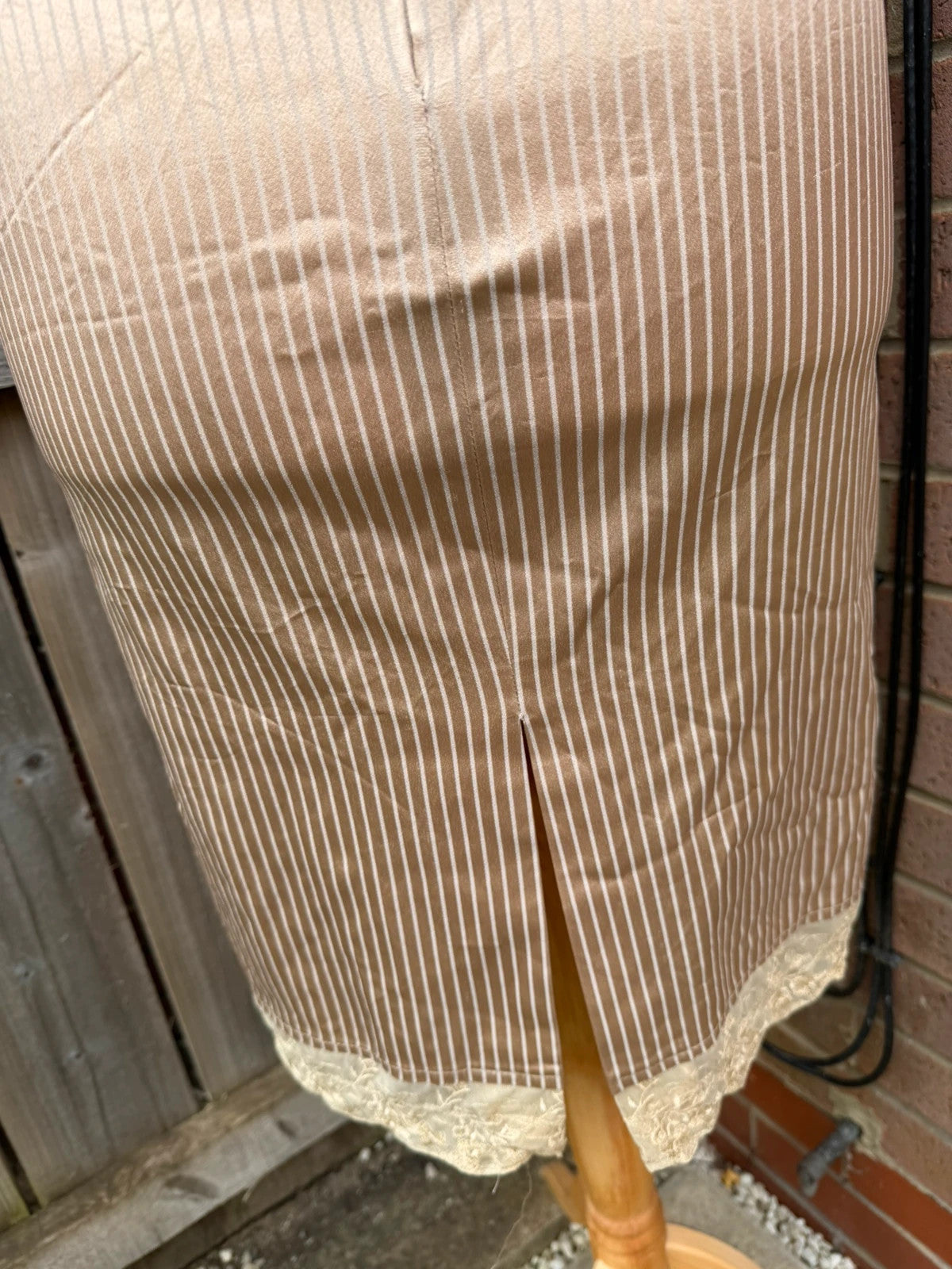 Oasis beige satin slip midi dress with lace trim and minimalist design.