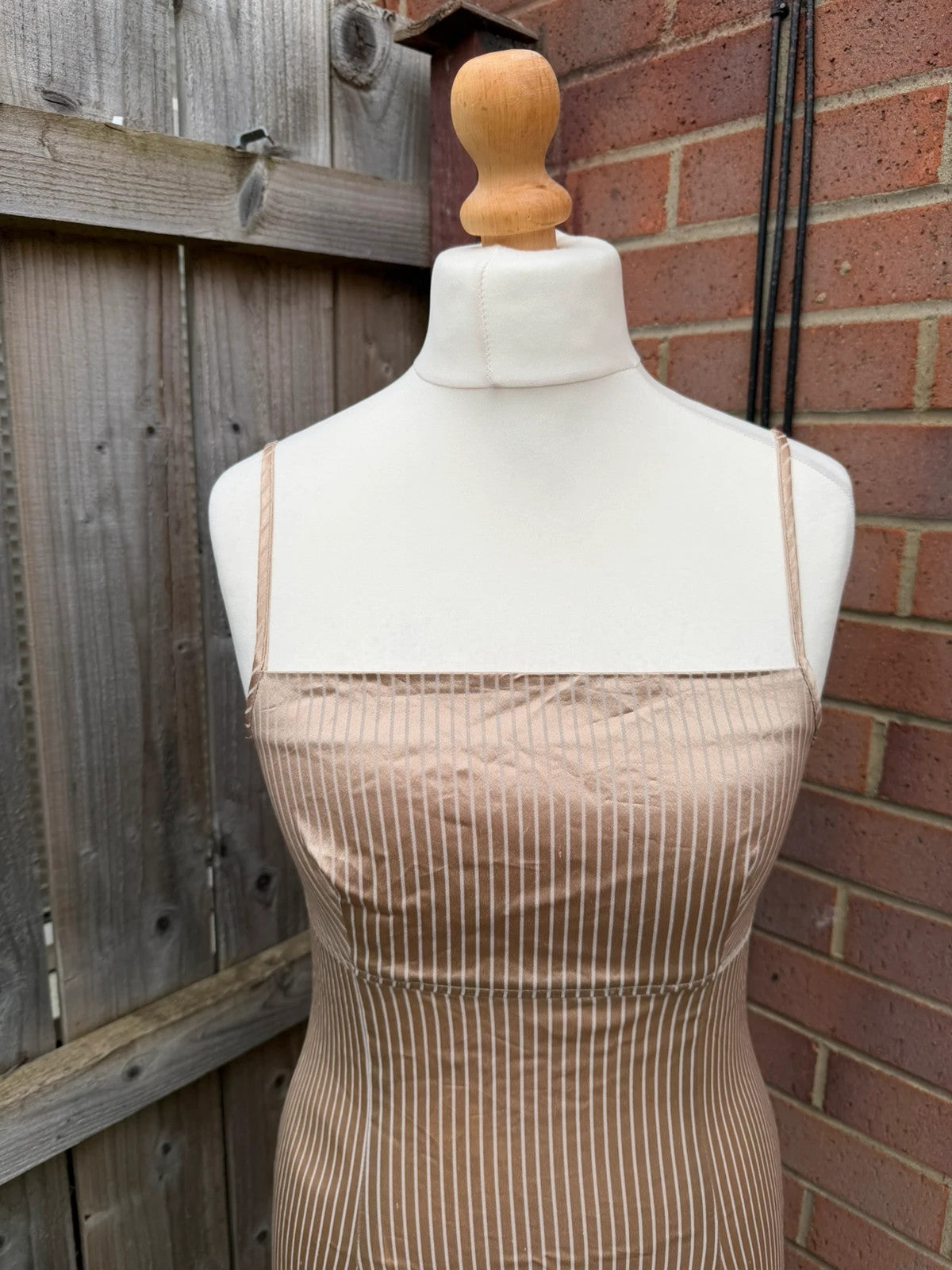 Oasis beige satin slip midi dress with lace trim and minimalist design.