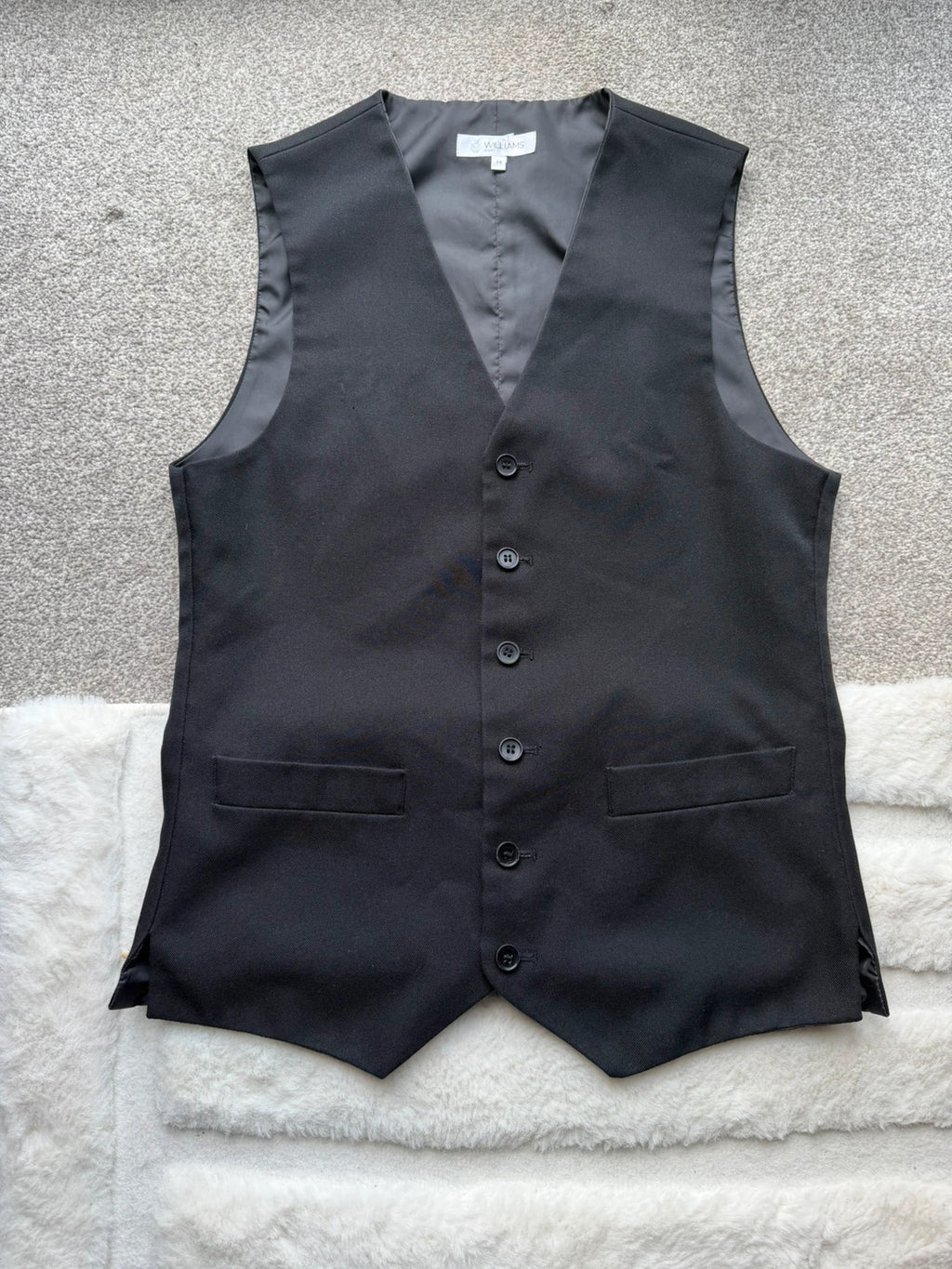 Williams Disley black women's waistcoat with button details, pre-loved formalwear.