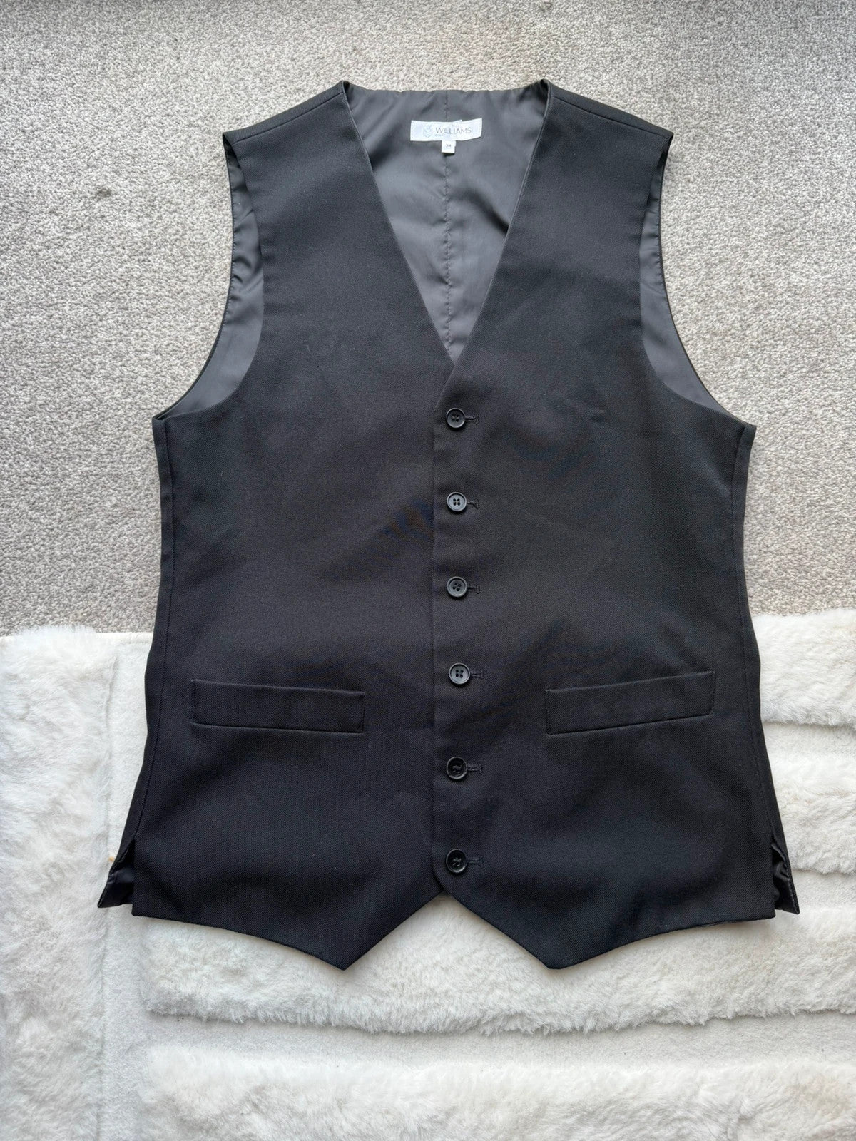 Williams Disley black women's waistcoat with button details, pre-loved formalwear.