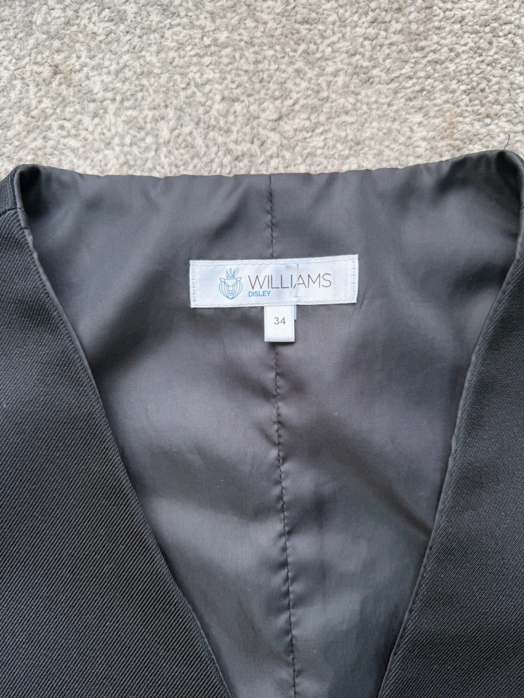 Williams Disley black women's waistcoat with button details, pre-loved formalwear.