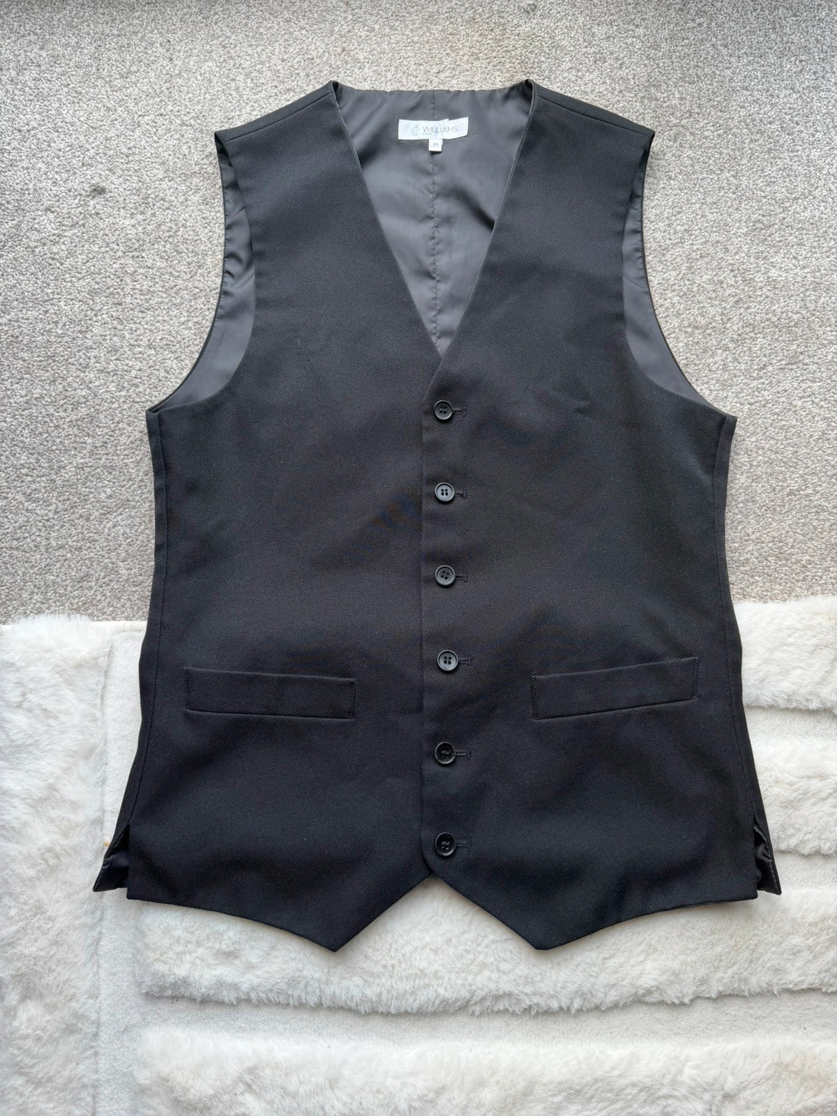 Williams Disley black women's waistcoat with button details, pre-loved formalwear.