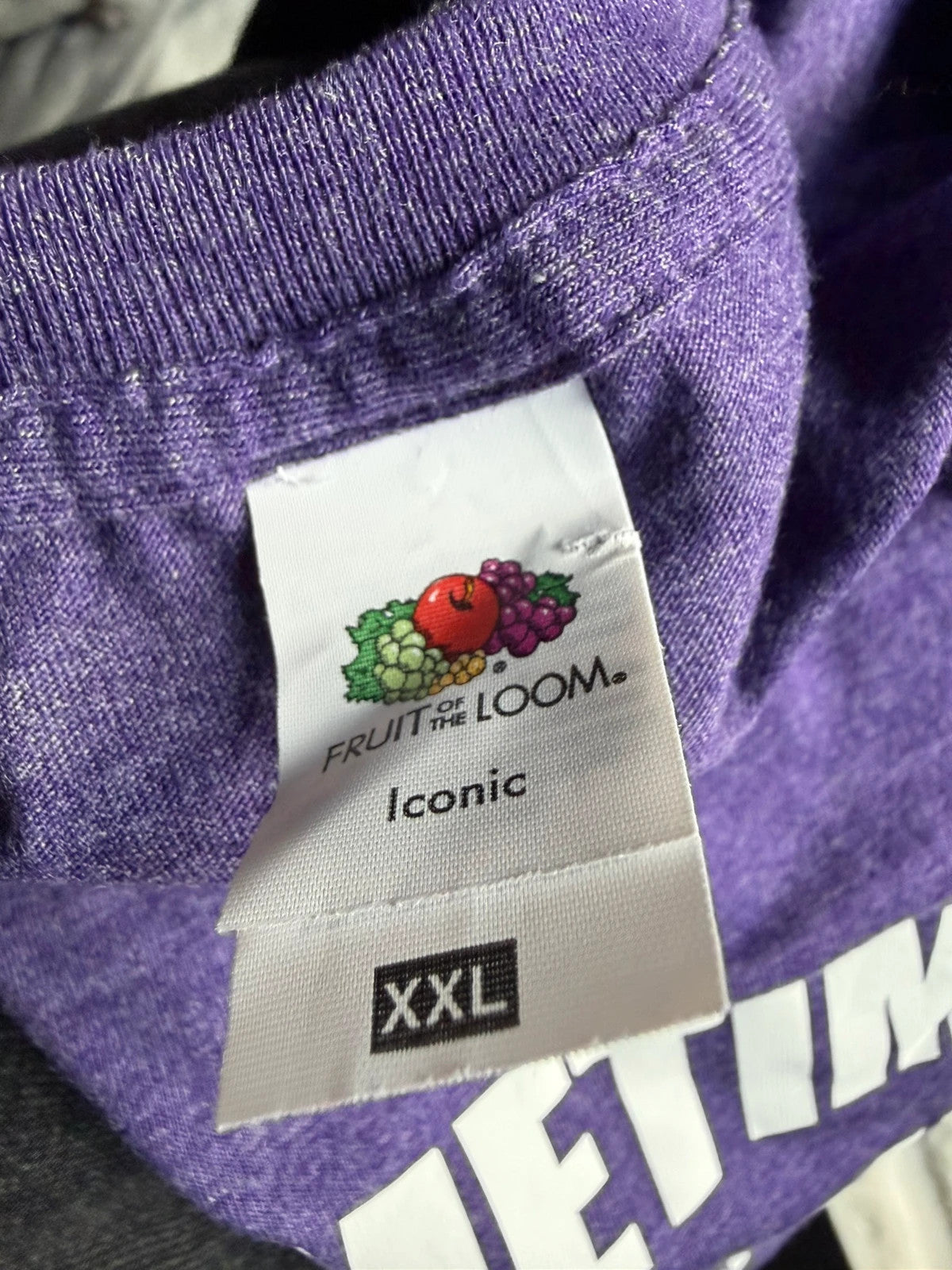 Fruit of the Loom purple graphic t-shirt with casual oversized fit and unique design.