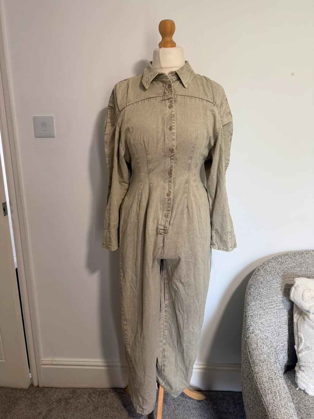 COLLUSION khaki denim jumpsuit with relaxed fit and minimalist design.