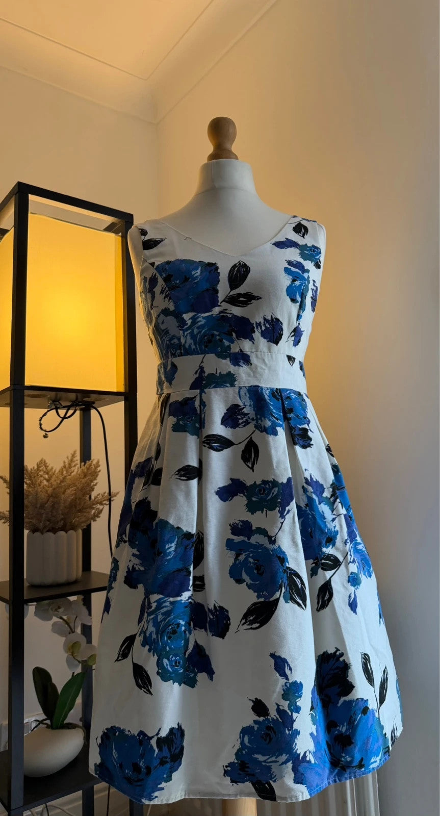 Monsoon blue and white rose print skater dress with floral pattern, UK size 12.