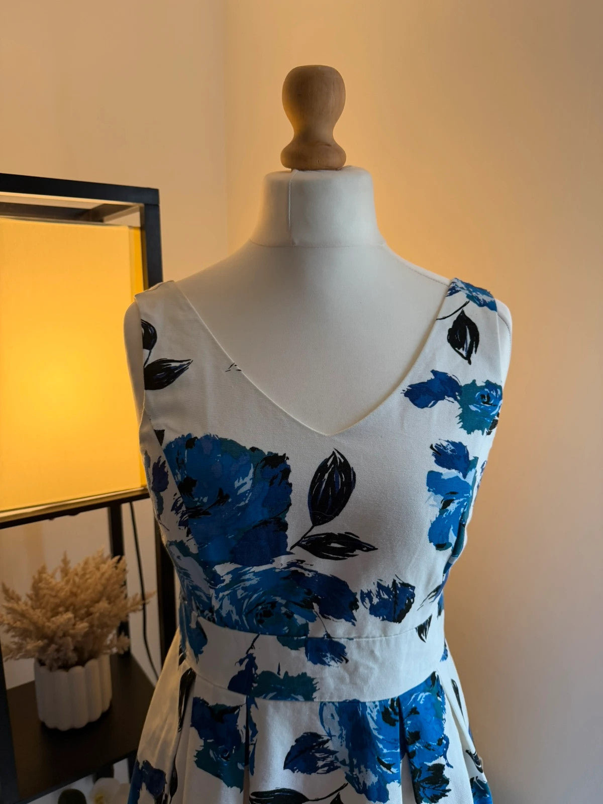 Monsoon blue and white rose print skater dress with floral pattern, UK size 12.
