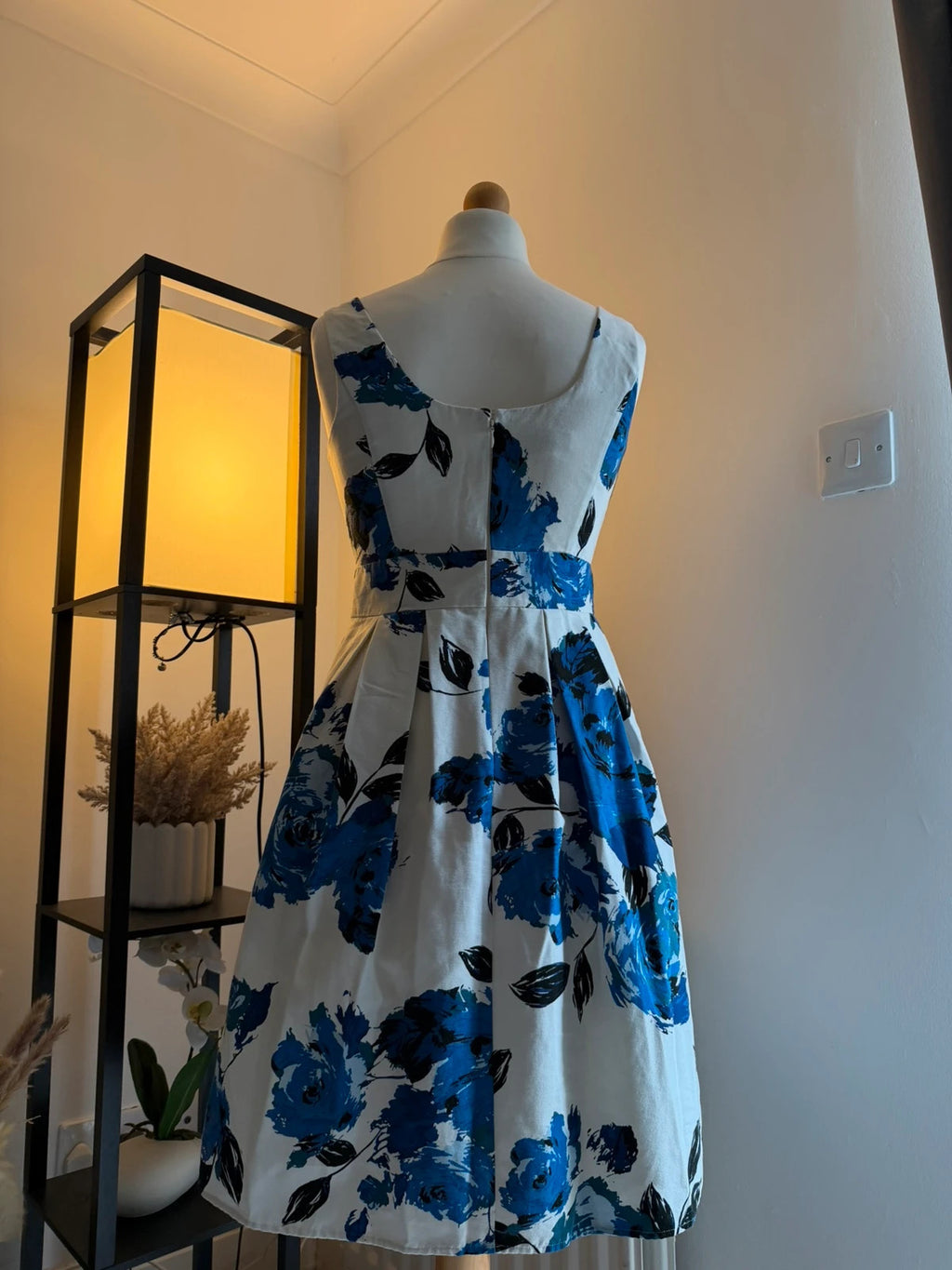 Monsoon blue and white rose print skater dress with floral pattern, UK size 12.