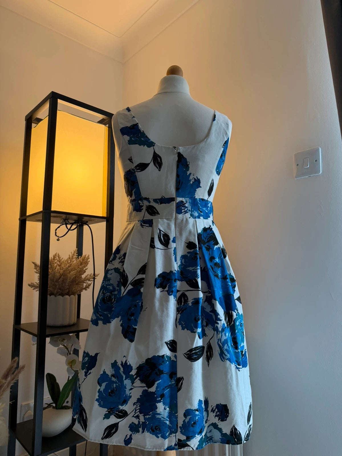 Monsoon blue and white rose print skater dress with floral pattern, UK size 12.